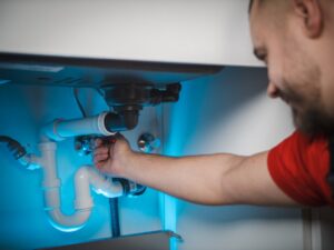 Home inspection process checking plumbing under sink